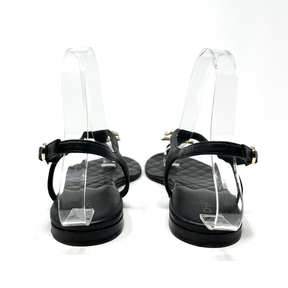 Chanel CC Logo Quilted Flat Thong T Strap Day Sandals Shoes Black Gold 37 6 6.5 - Picture 8 of 12